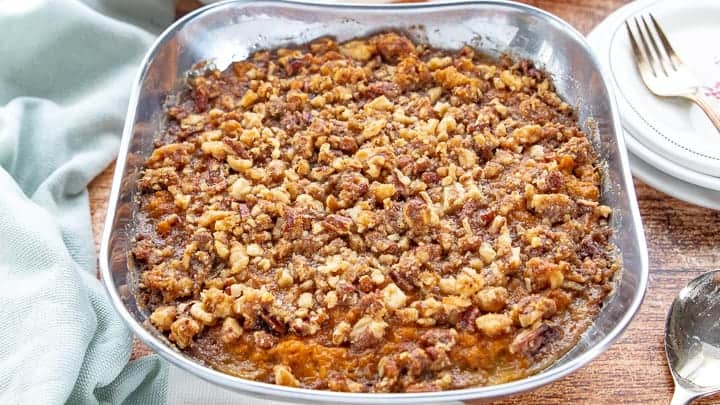 Sweet Potato Crunch,baked in a dish on a countertop. 