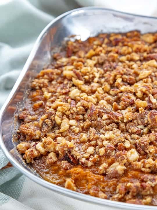 Sweet Potato Crunch, baked in a dish on a countertop. 