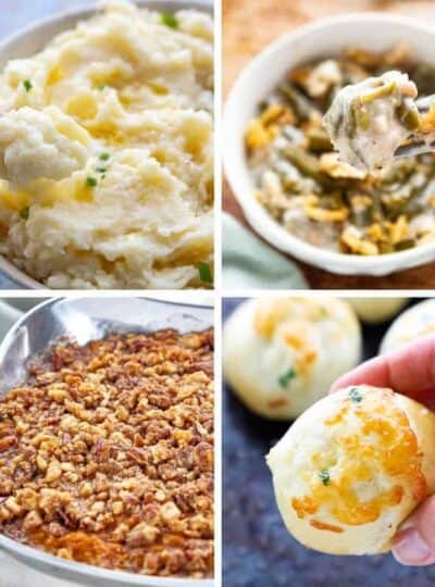 4 thanksgiving recipes, potatoes, beans, sweet potatoes, and rolls