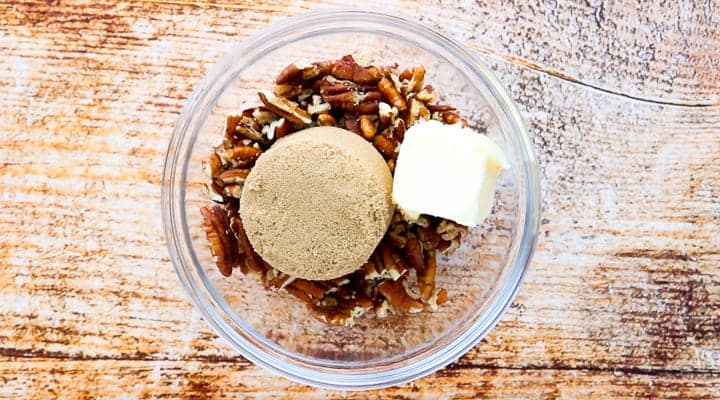 pecans, brown sugar and butter in a large glass bowl. 