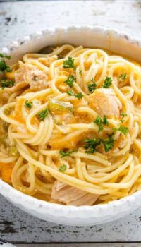 A bowl of pasta, with Chicken and Spaghetti