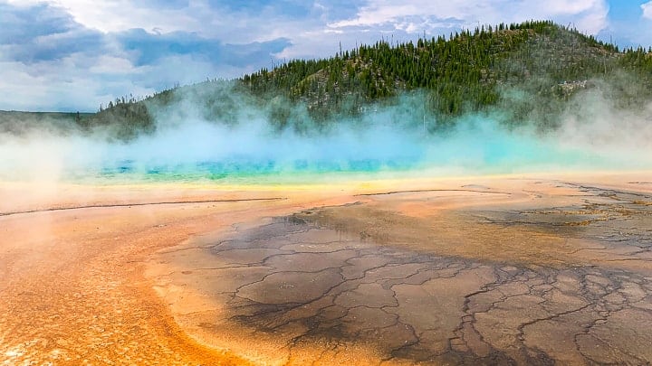 Bright colors of Prismatic falls in Yellowstone national park.