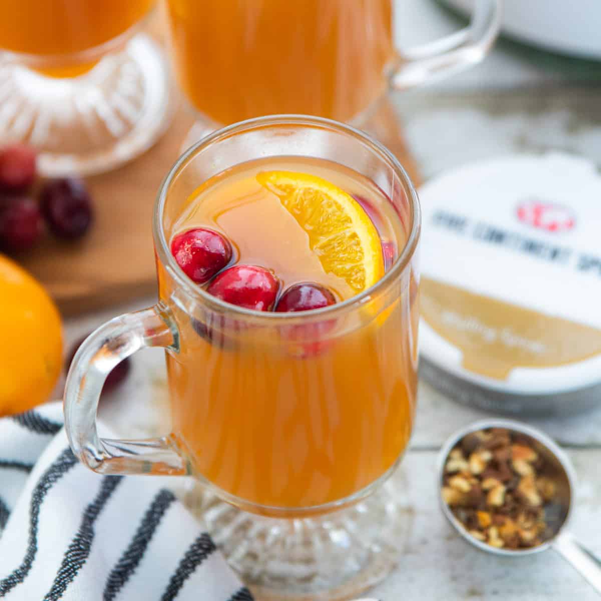 a glass mug of apple cider with mulling spices on the side.