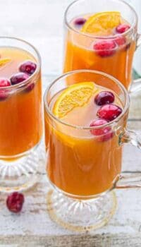 three glasses filled with apple cider next to a small crockpot, fresh cranberries, and oranges.