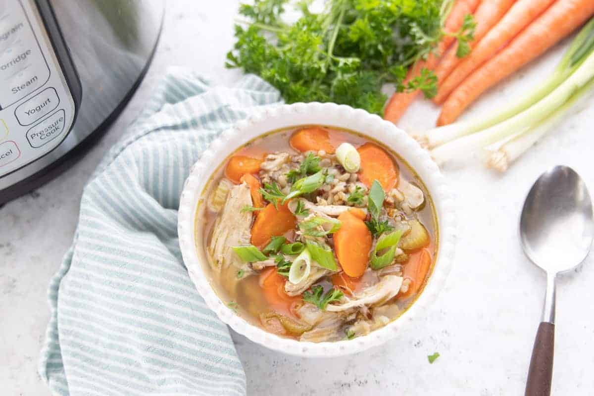 A bowl of chicken and rice soup