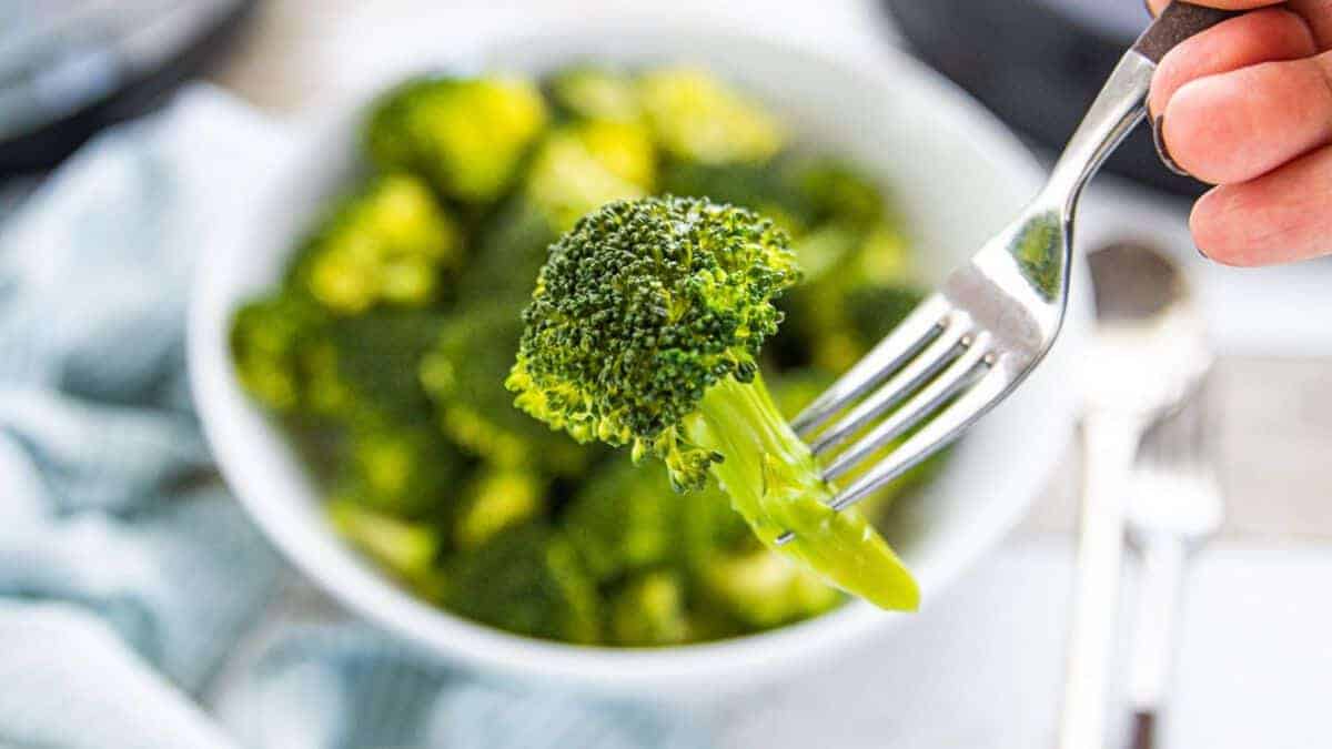 Broccoli in instant sales pot with steamer basket