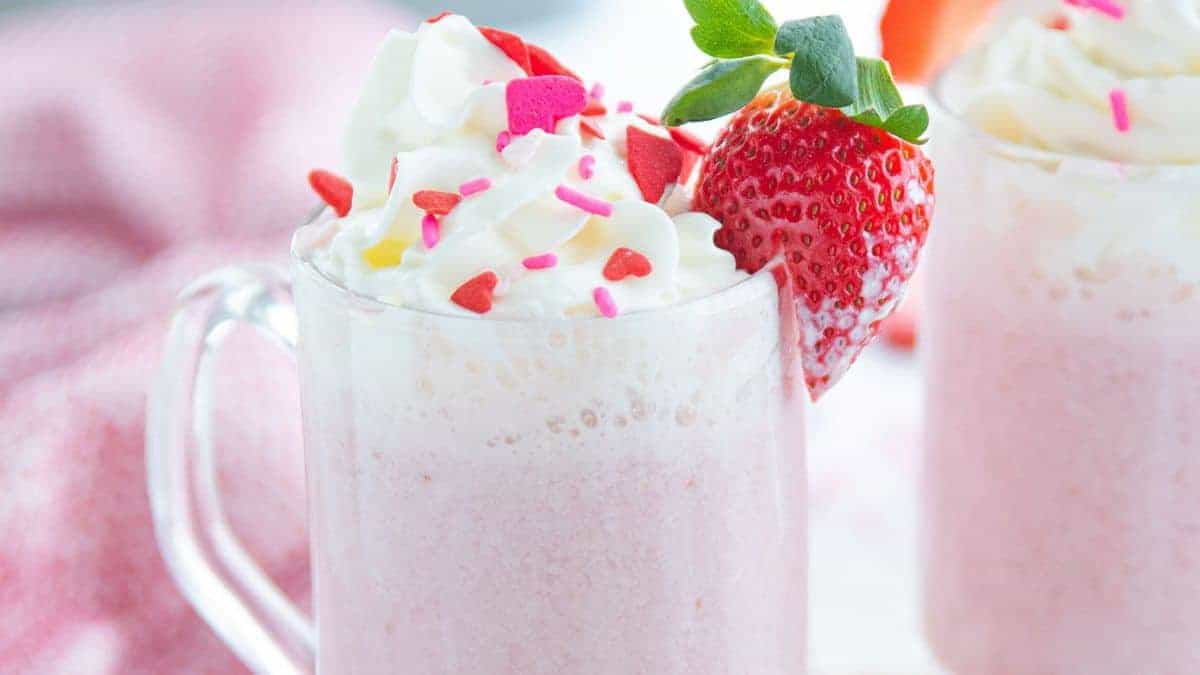 Valentine’s Day Pink Hot Chocolate is made with tasty ingredients.