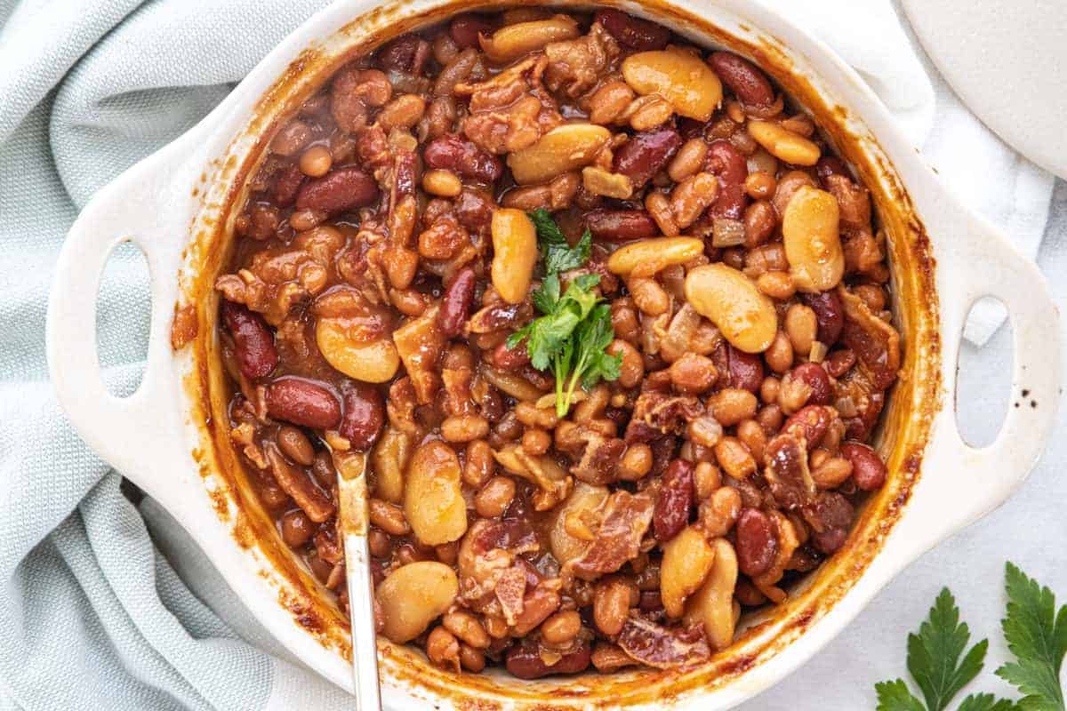 baked beans in a white bowl