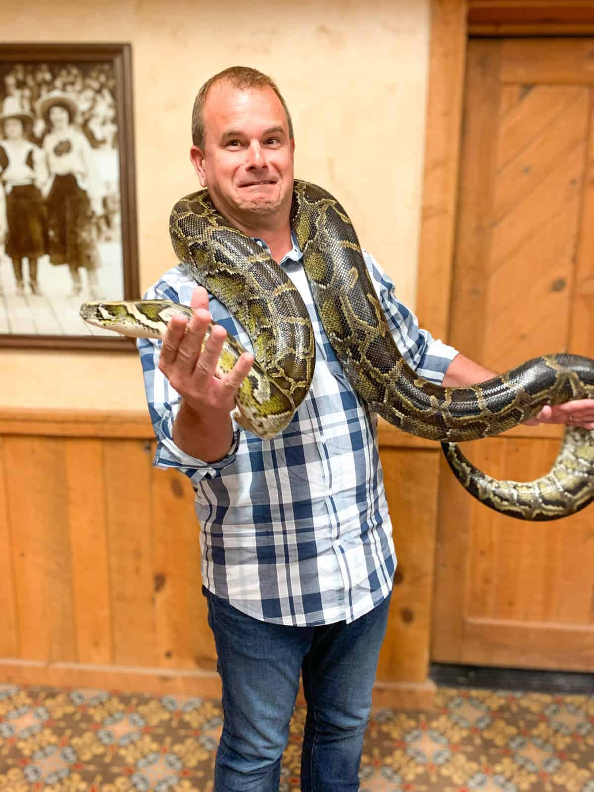White Stallion Ranch, the Best All-Inclusive Resort in Arizona showing a man holding a snake around his neck during Critter Night.