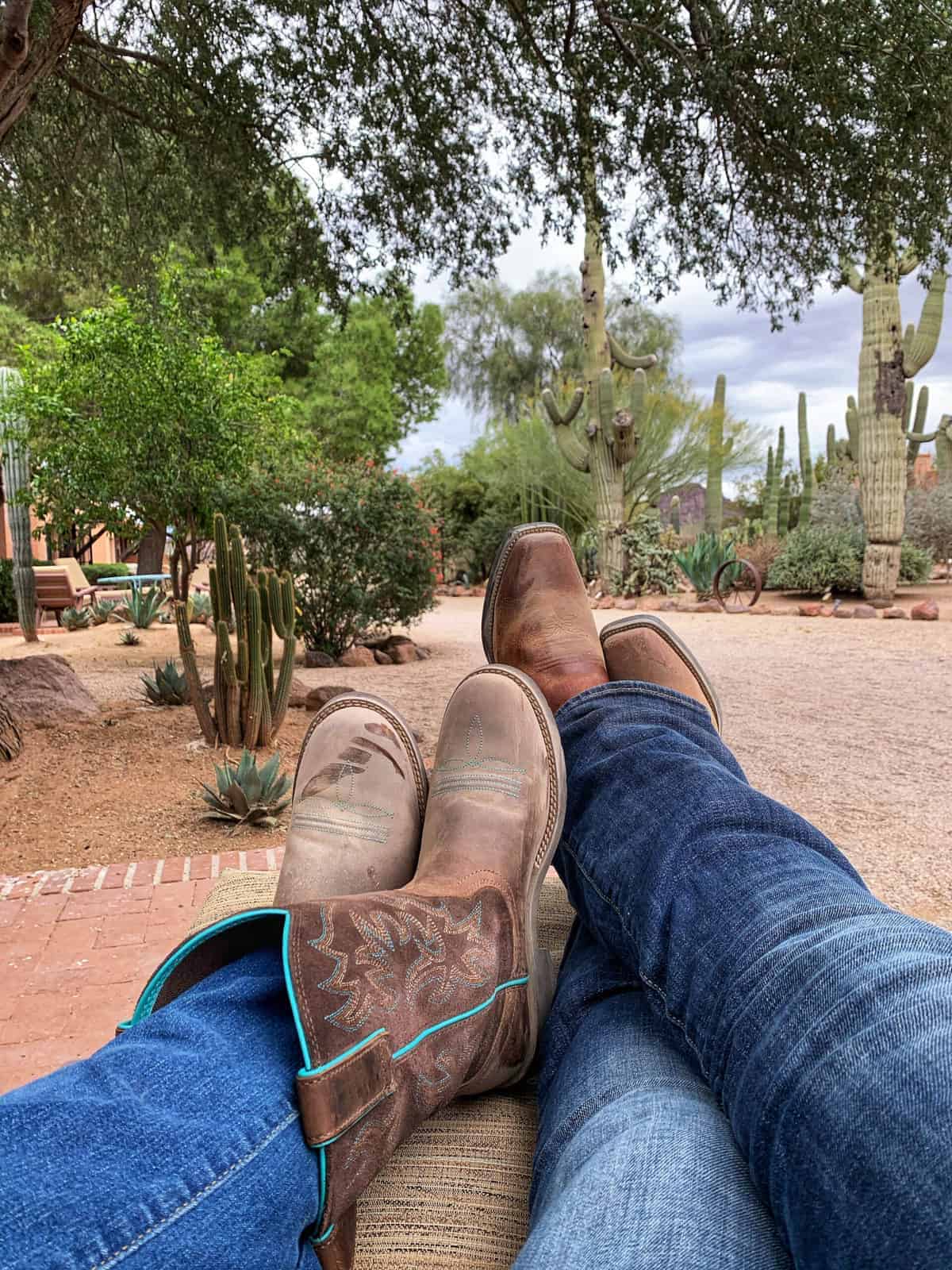 A person sitting under a tree showing cowboy boots