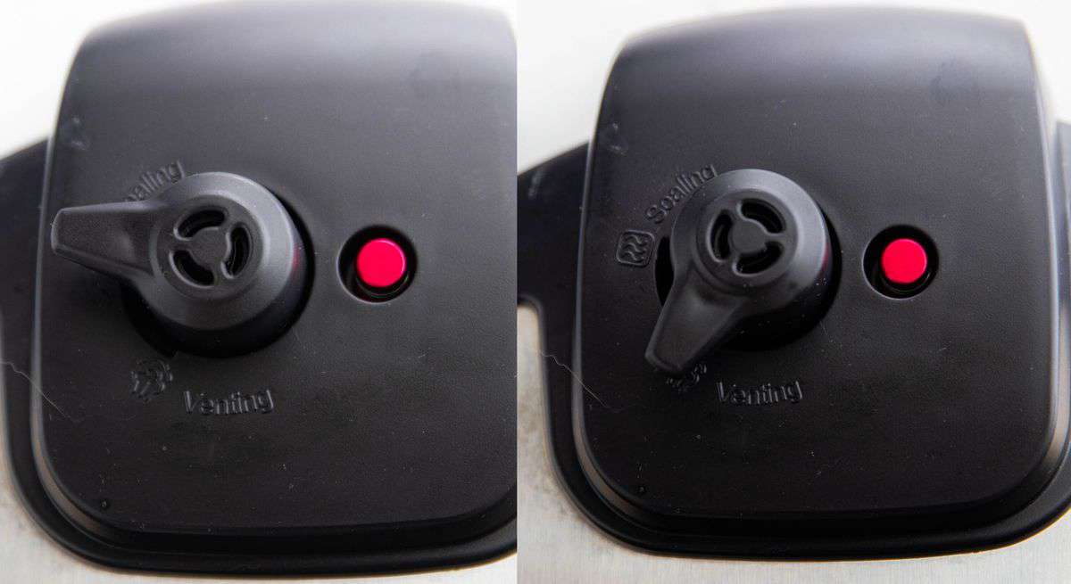 An instant pot cover shown split screen showing the different between sealing and venting on the valve.