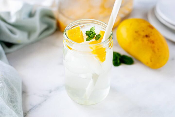 A cup of water with Mango and mint