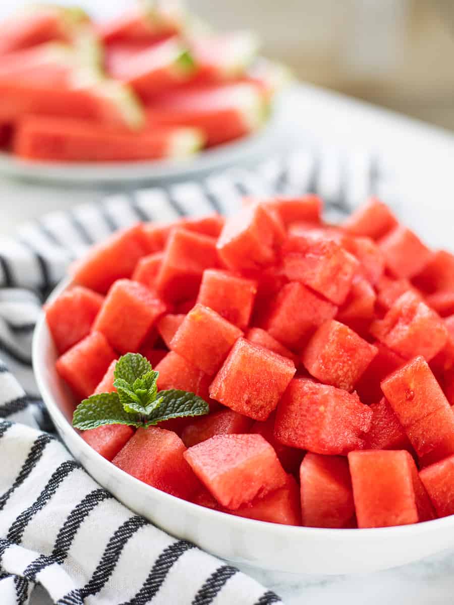 cubed watermelon in a bowl