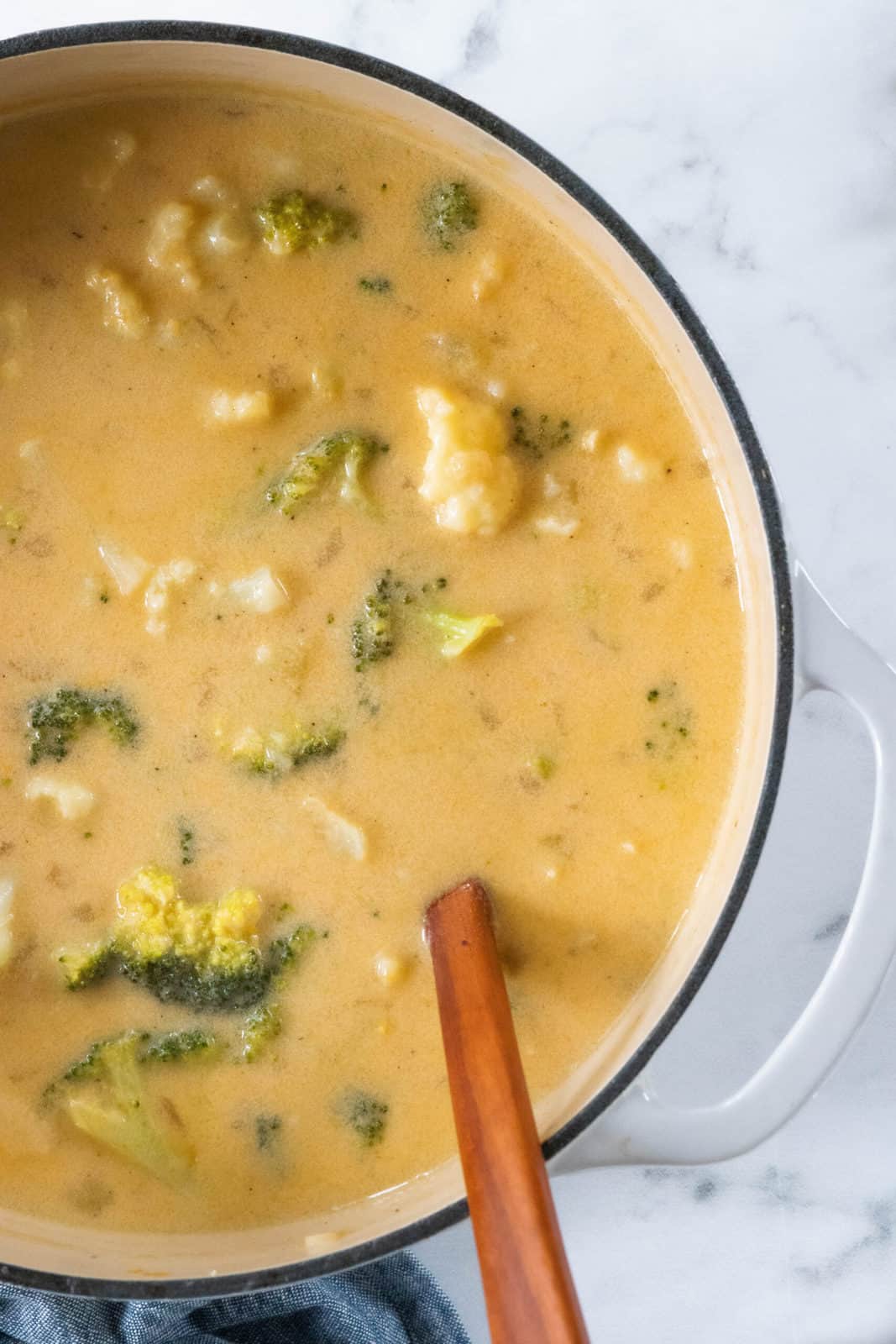 close up of broccoli cauliflower cheese soup