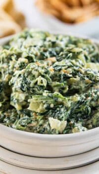 A bowl of dip with spinach