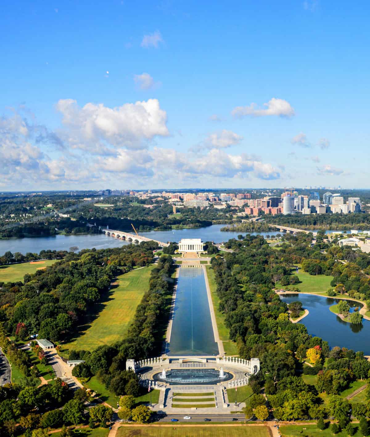 View from the top of the Washington Monument with a view of the river and sky line.