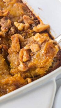 A dish is filled with food