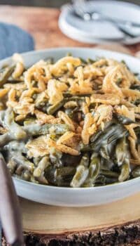 A bowl of green bean casserole.