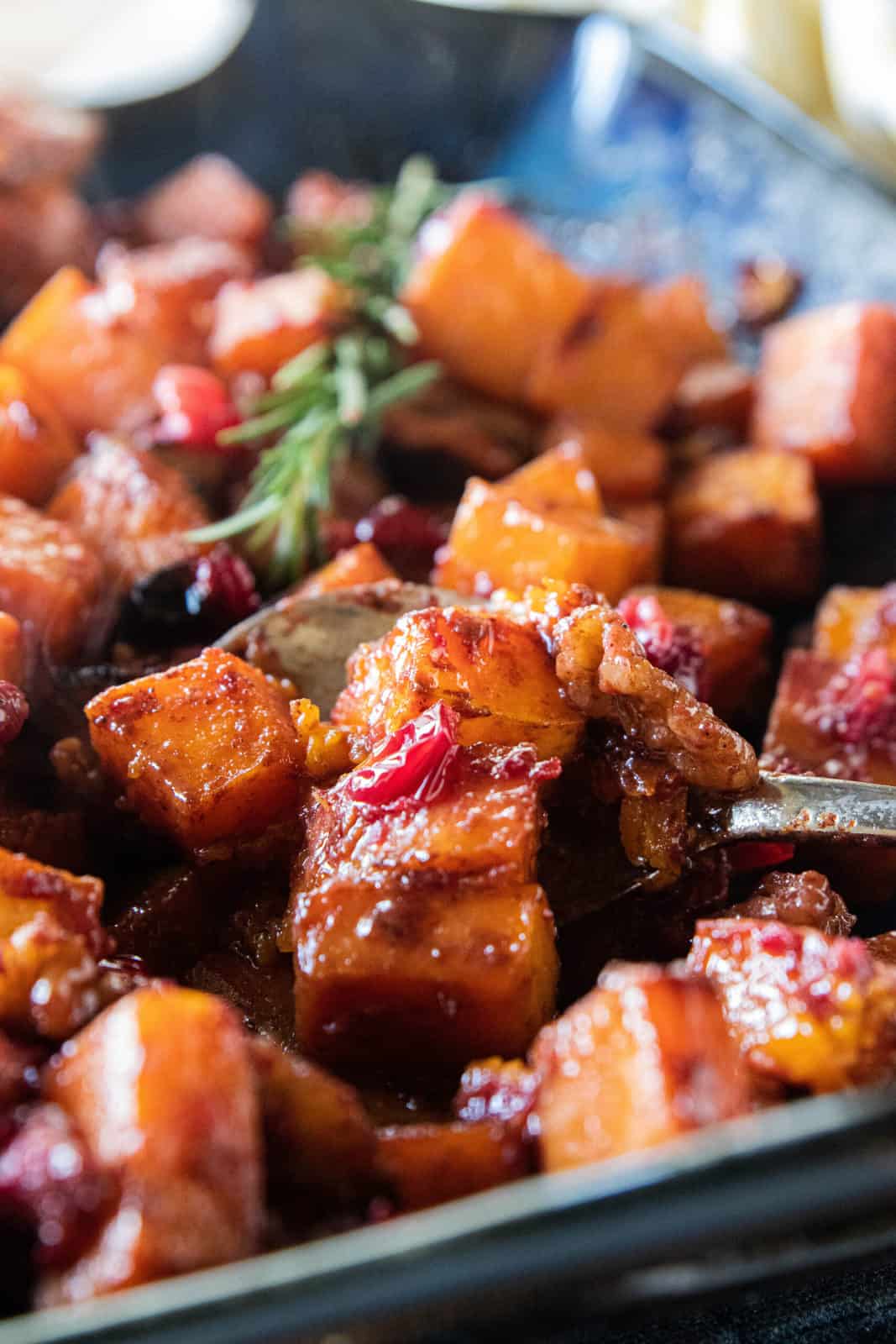 A spoon being shown scooping up a serving of roasted butternut squash with walnuts and cranberries in a baking dish. 