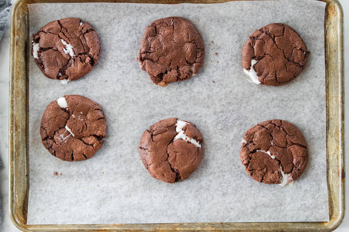 Chocolate marshmallow cookies being shown on a baking sheet. 