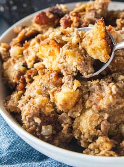 A close up of a bowl of stuffing