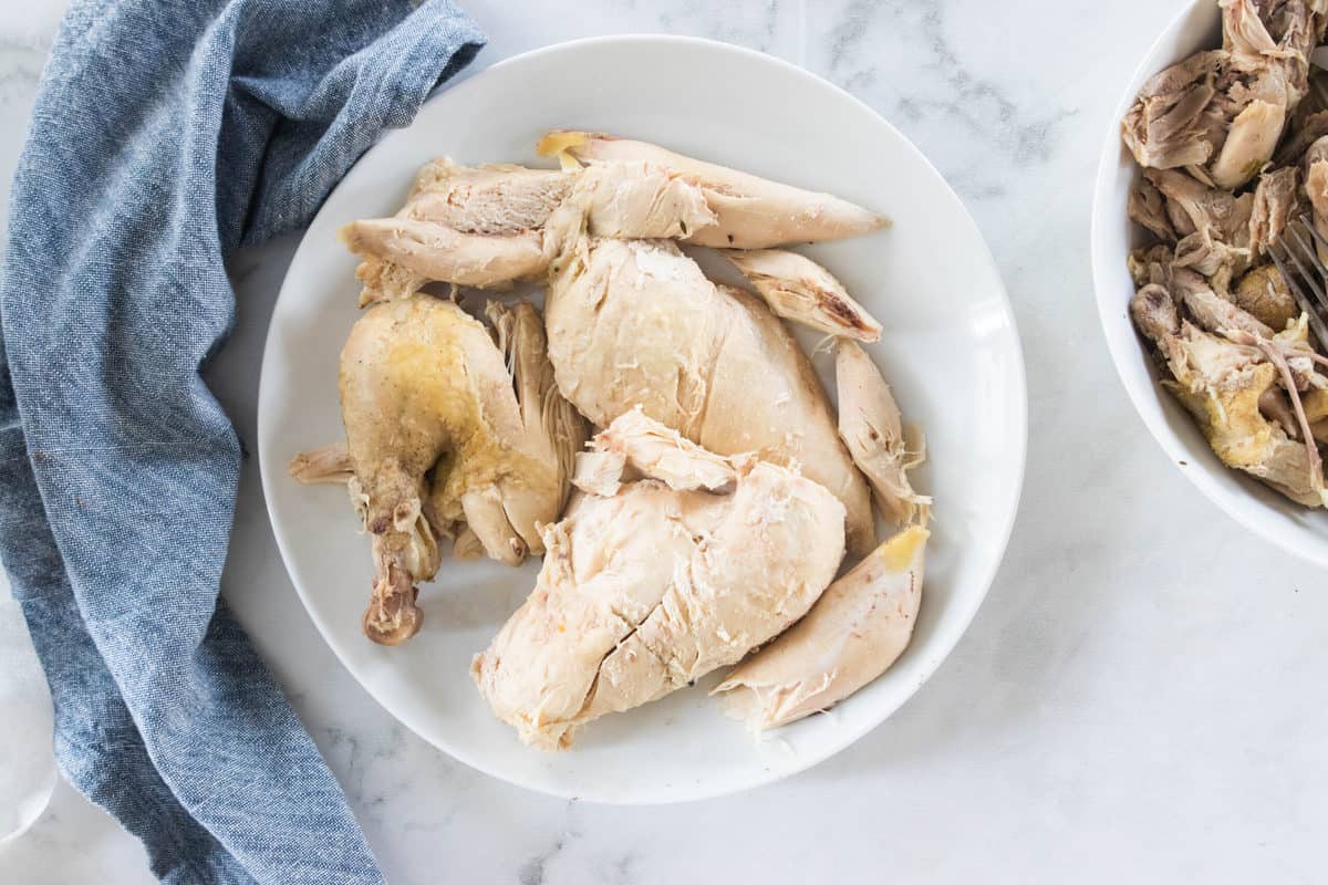 Boiled chicken being shown in a white bowl on top of a countertop. 