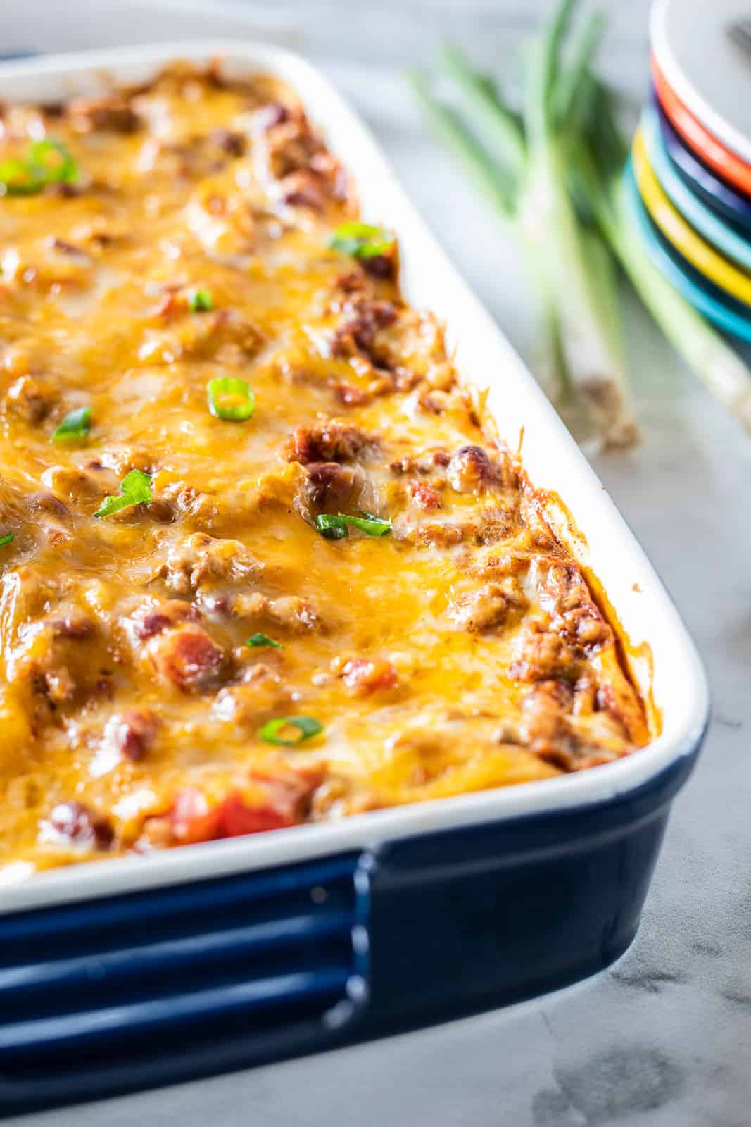 Chili lasagna in a baking dish. 