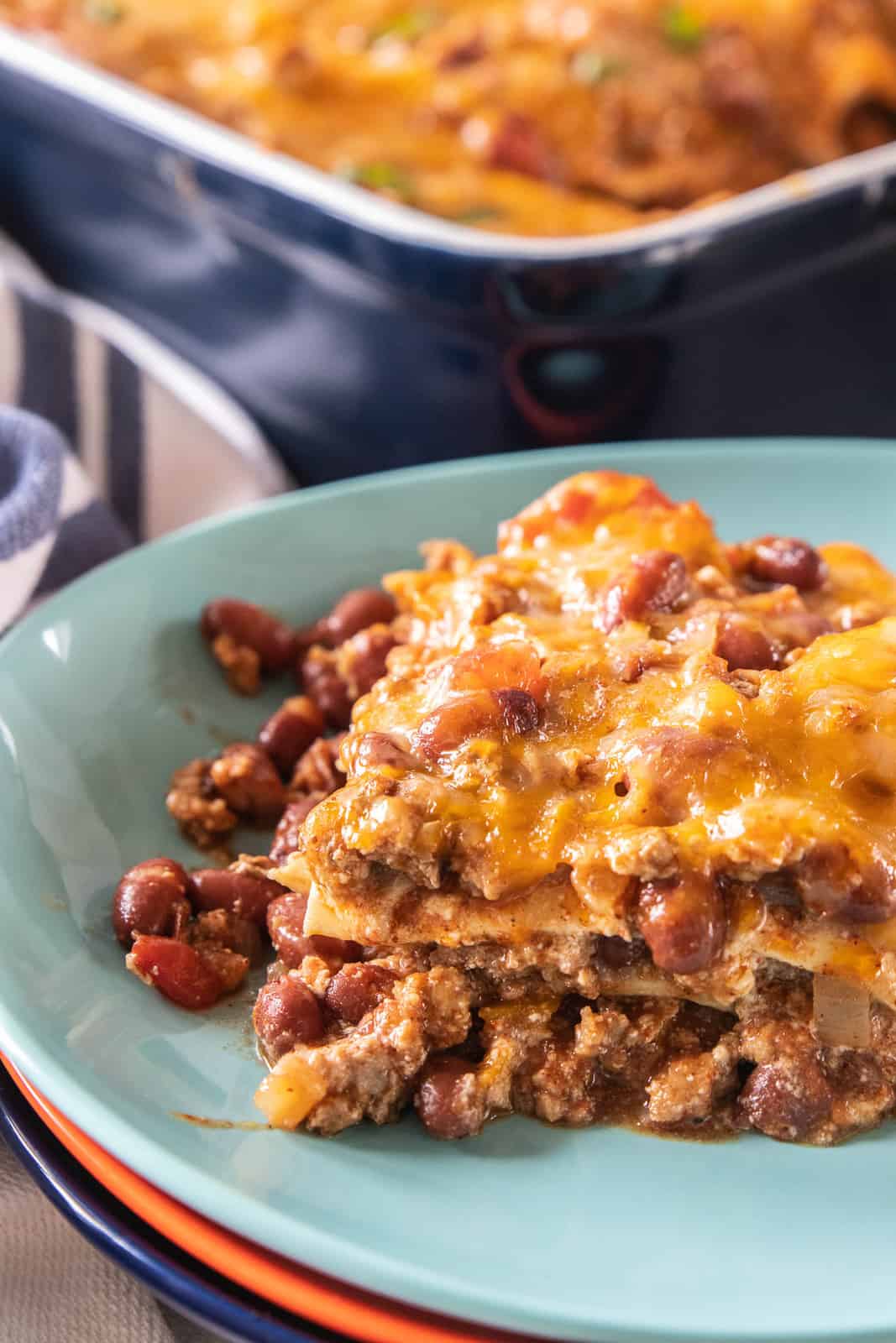 Chili lasagna on a plate. 