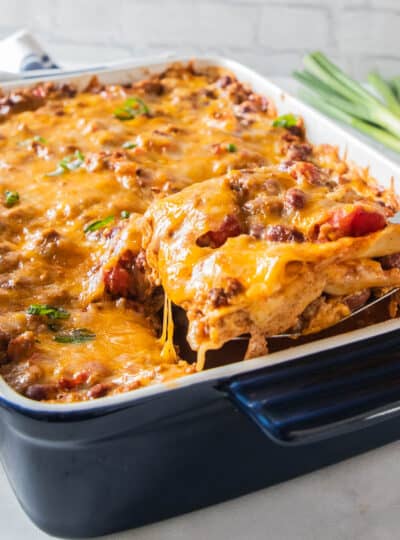 chili lasagna being served