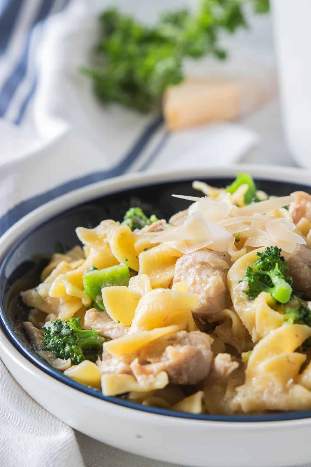 Chicken and noodles in a serving bowl. 