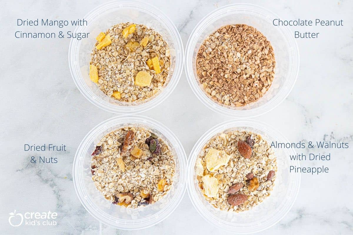 A variety of homemade instant oatmeal flavors in containers.