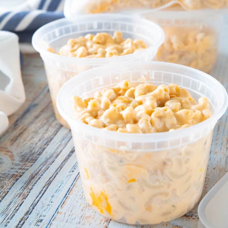 close up of mac and cheese in a container