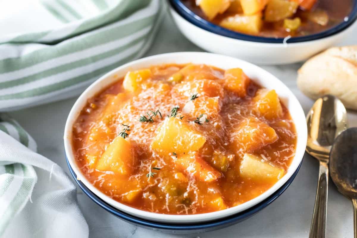 Vegetable soup in a serving bowl. 