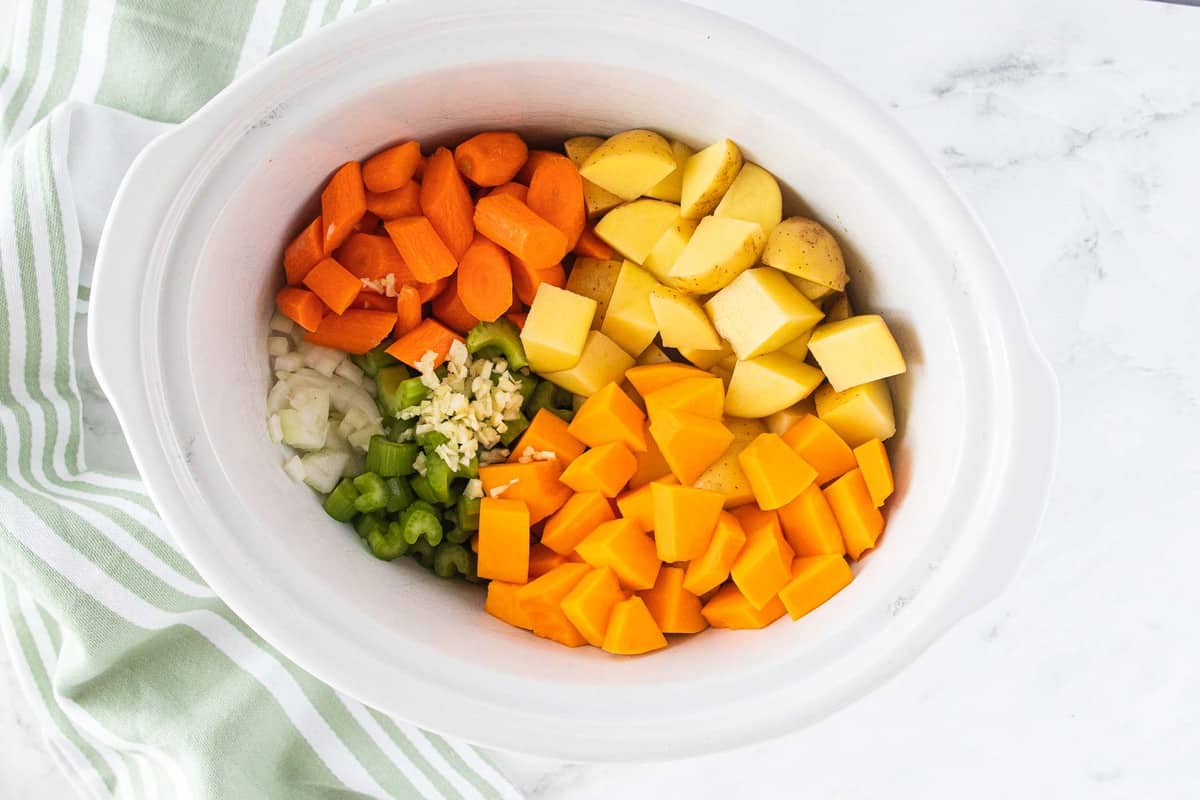 Chunky vegetables in a crockpot. 