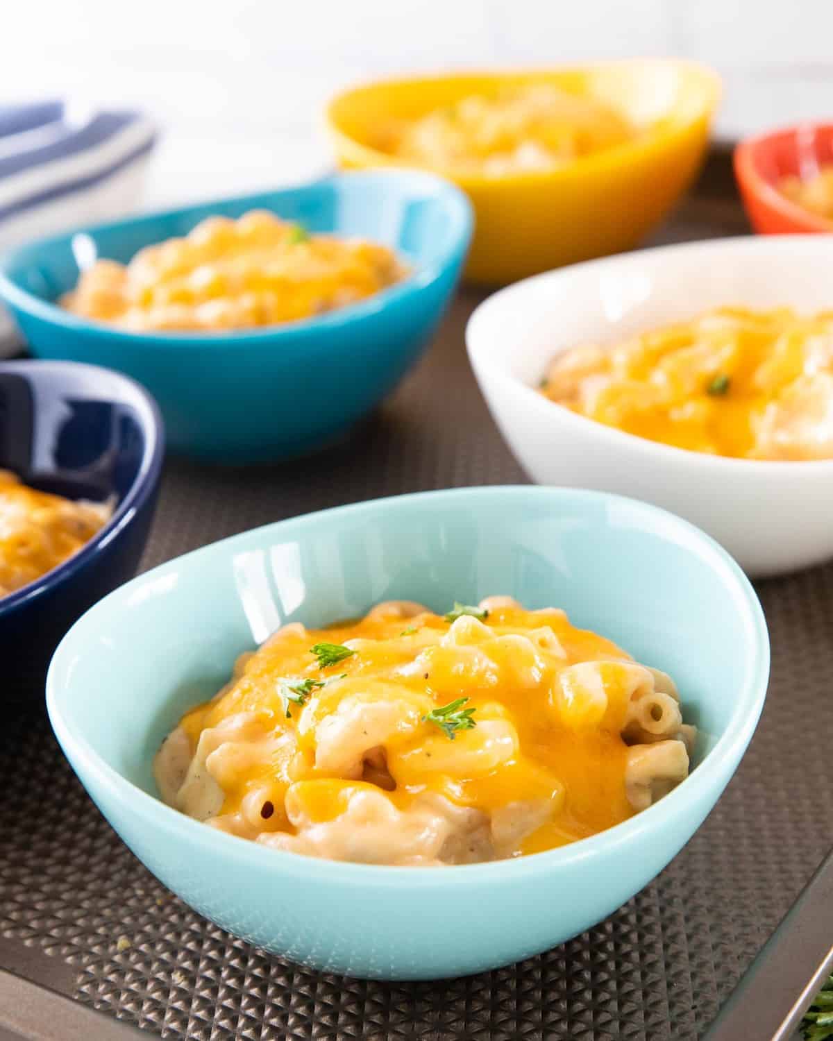 Six bowls of low sodium Mac and cheese.