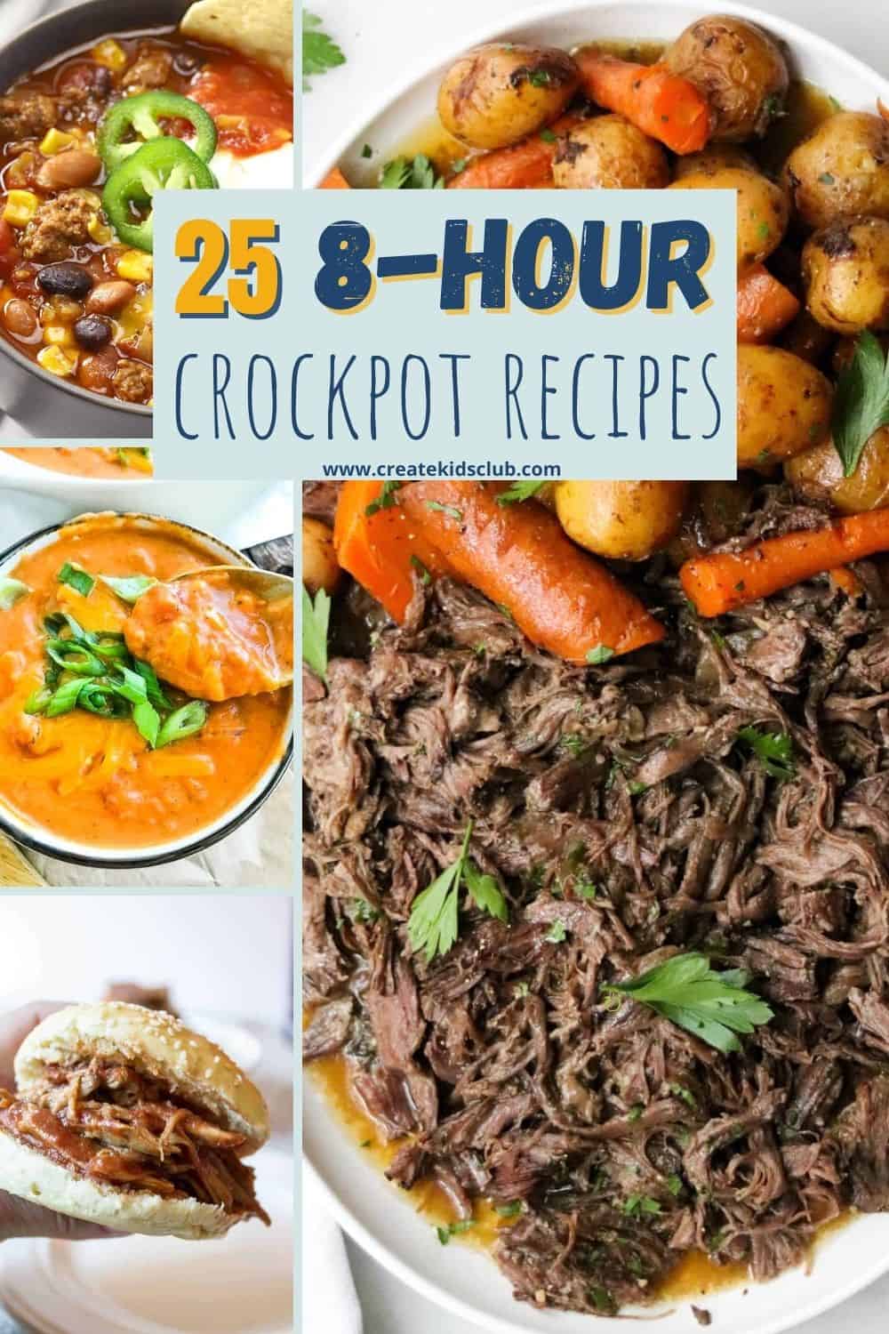 variety of crockpot recipes showing 4 different pictures of slow cooker meals.
