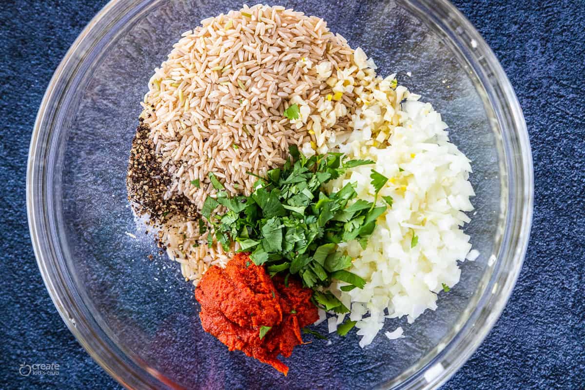 ingredients in a mixing bowl for brown rice casserole