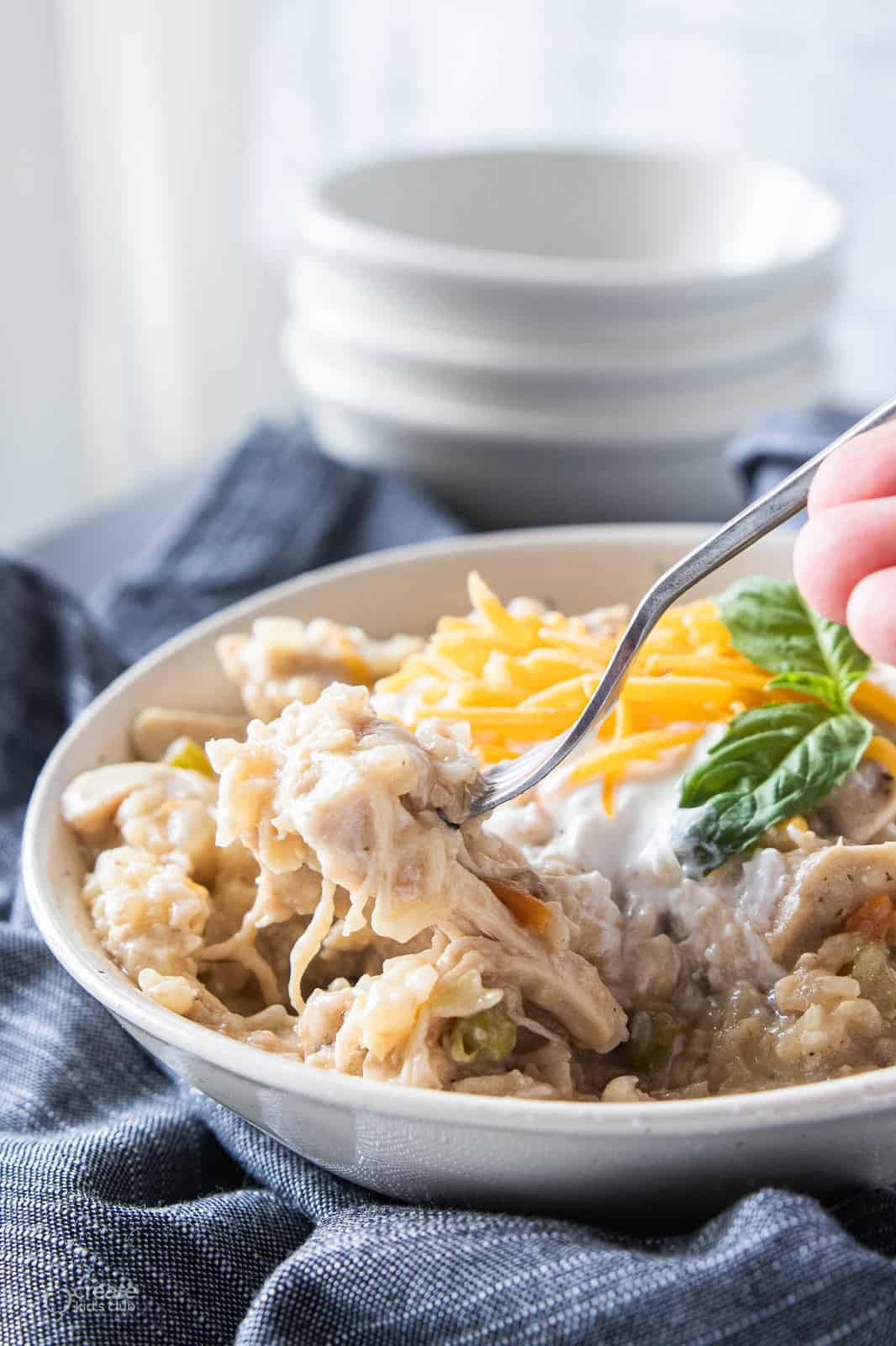 crock pot recipe chicken and rice in a bowl with a fork 