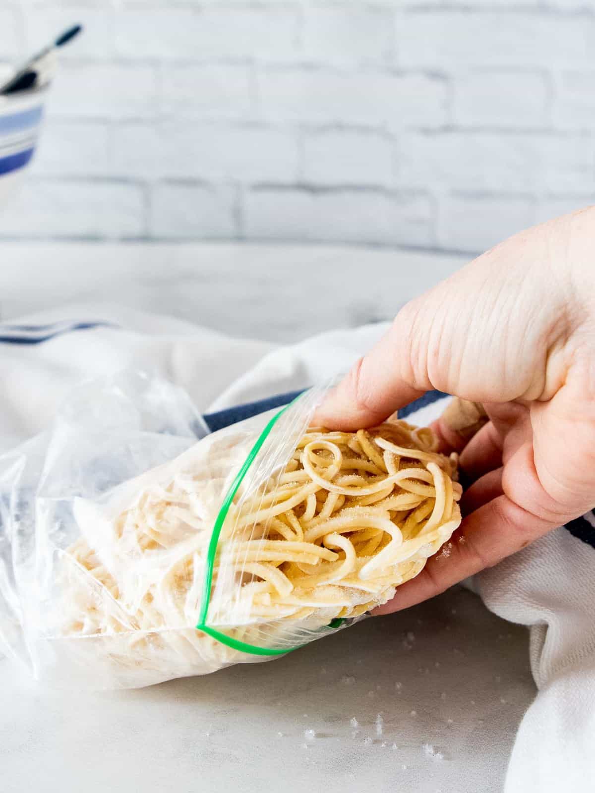 Frozen pasta removed from bag.