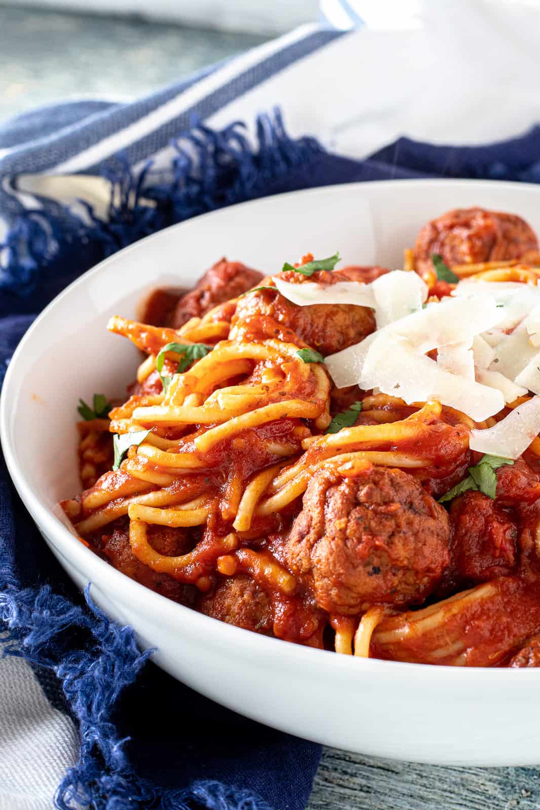 instant pot spaghetti and meatballs in a serving bowl