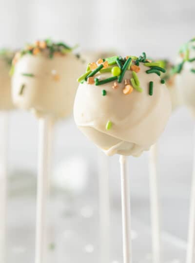 close up of st patricks day cake pops in a stand