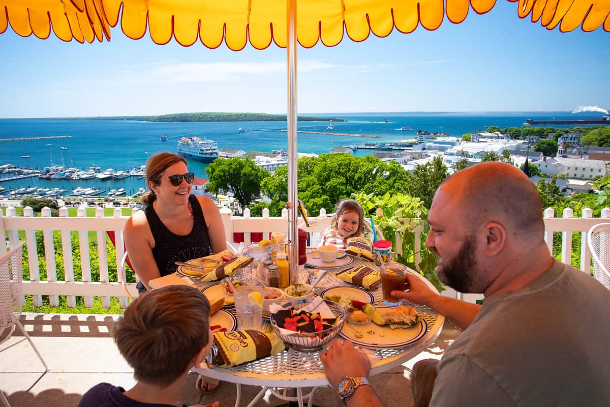 family eating lunch at the Team Room in Fort Mackinac.