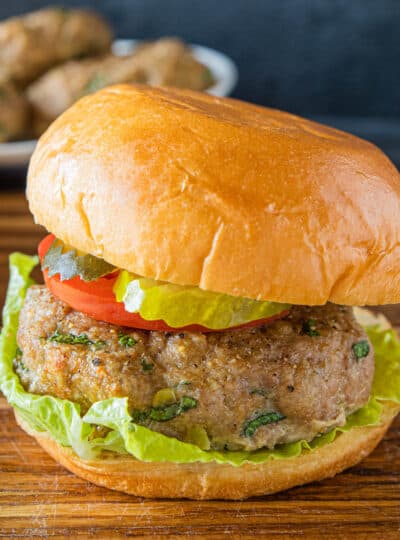 close up of turkey burger on a bun