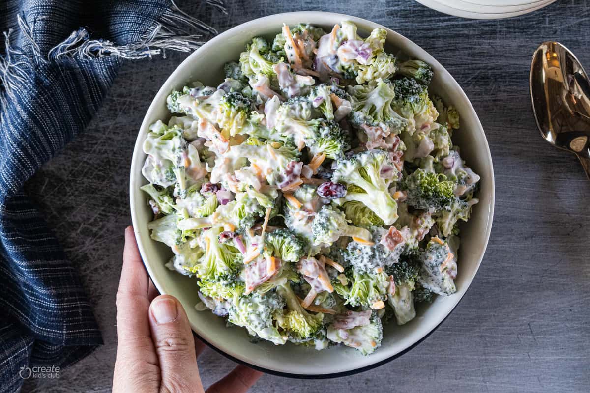 broccoli summer salad in serving dish