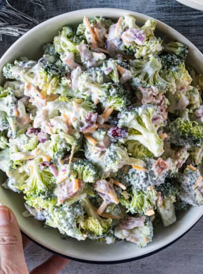 broccoli salad in a serving bowl