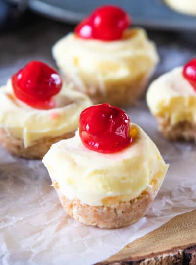 frozen cheesecake bites topped with cherries