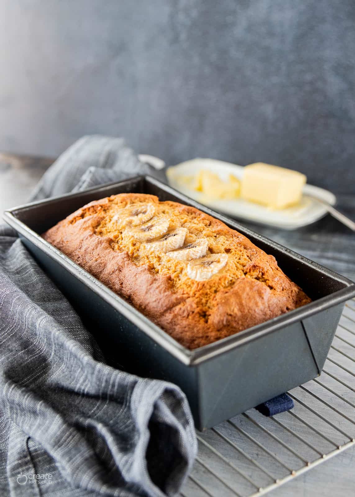 baked banana bread in loaf pan