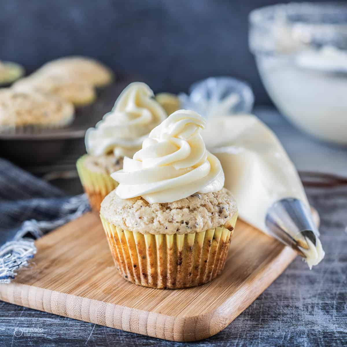 cupcakes with icing piped on top.