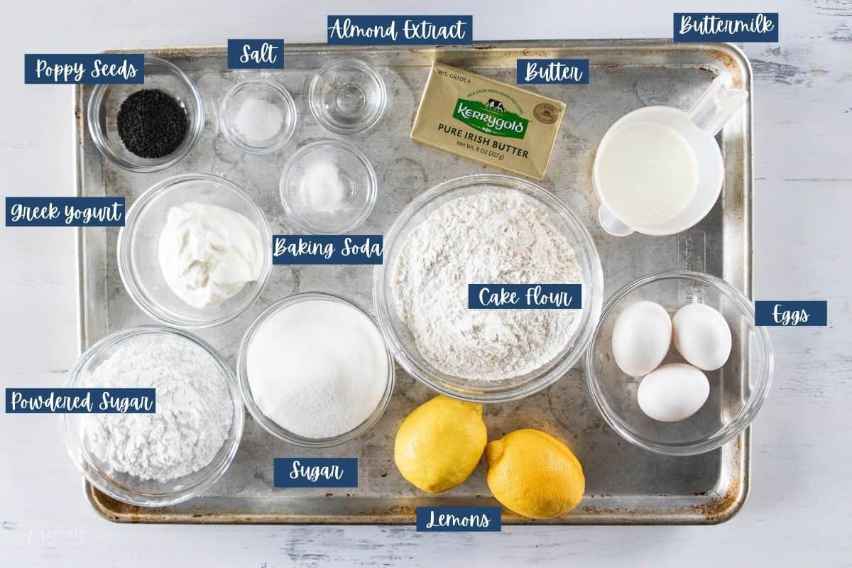 ingredients to make a lemon poppy seed pound cake