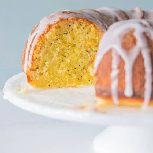 lemon poppyseed bundt cake drizzled with icing